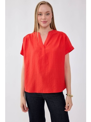 Vitrin V Yaka Krinkıl Kumaş Bluz