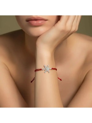 G&A Jewels 925 Ayar Gümüş ve Pırlanta Taşlı Kar Tanesi Kırmızı Ipli Bileklik