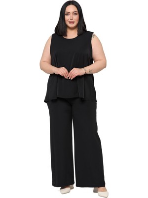 Disentis Modest Büyük Beden Kolsuz Bluz Bol Paça Pantolon Siyah Ikili Takım