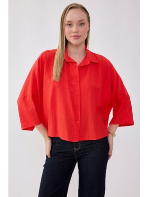 Vitrin Düşük Omuz Krinkıl Kumaş Crop Gömlek