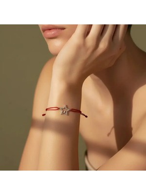 G&A Jewels 925 Ayar Gümüş ve Pırlanta Taşlı Yıldız Kırmızı Ipli Bileklik