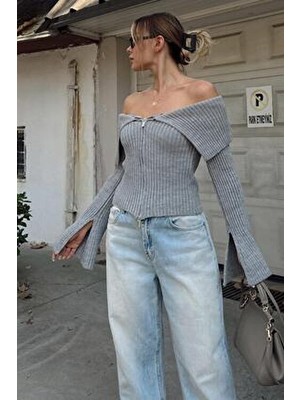 Swist Gri Ispanyol Kol Degaje Yaka Fermurlı Örme Kadın Triko Crop Kazak