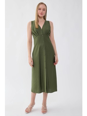 Vitrin V Yaka Düğmeli Elbise