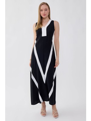Vitrin V Yaka Iki Renk Uzun Elbise
