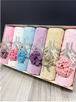 ayhanhome 3D Elişi Çiçek Nakışlı Kutulu Kadife 6'lı 30X50 Mutfak Havlu Seti