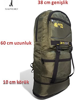 Haki Renkli Körüklü Dağcı Sırt Çantası 65 Litre Kapasiteli Kumaş Materyal ile Şık Görünüm