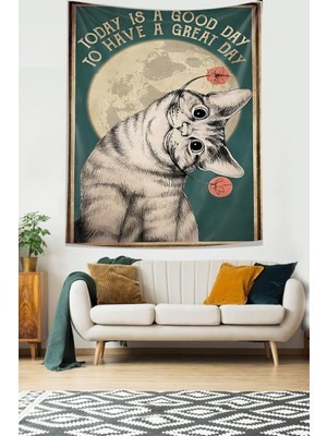 Aesco Pelangi Güzel Bir Gün Kedi Temalı Leke Tutmaz Kumaş Duvar Örtüsü Duvar Halısı Tapestry, Yeşil-Gri 70 x 100, 17768708070100