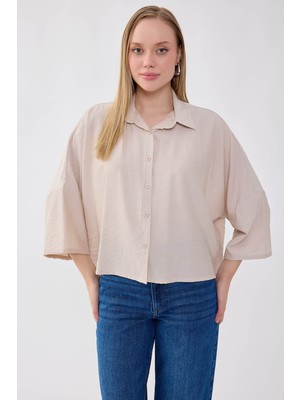 Vitrin Düşük Omuz Krinkıl Kumaş Crop Gömlek