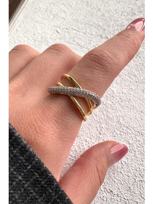 Leo'Stone V.ı.p Çift Renk Seri Infinity Lines Tasarım Zirkon Taşlı Çapraz Model Ayarlanabilir Çelik Yüzük