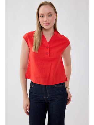 Vitrin V Yaka Önü Düğmeli Viskon Keten Bluz