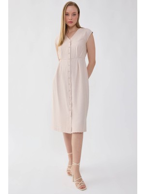 Vitrin Düğmeli V Yaka Elbise