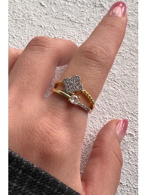 Leo'Stone V.ı.p Çift Renk Seri Zirkon Taşlı 2li Yonca Tek Taş Tasarım Ayarlanabilir Kadın Çelik Yüzük