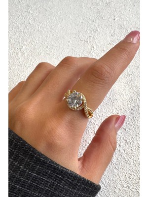 Leo'Stone Özel Seri Elpis Yarım Tur Taşlı Tek Taş Tasarım Ayarlanabilir Kadın Çelik Yüzük