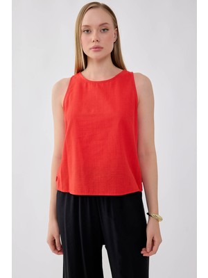 Vitrin Viskon Keten Yanları Düğmeli Sıfır Kol Bluz