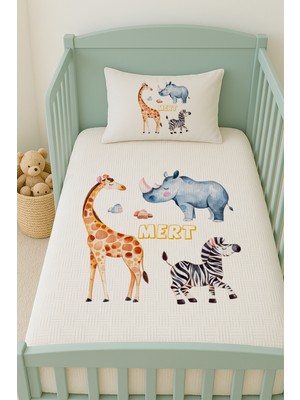 Lilabio %100 Pamuk Isme Özel Isimli 100X150 cm Pike Seti Zürafa ve Zebra