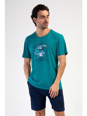 Vienetta Erkek Büyük Beden Kısa Kol Şortlu Silver Pine %100 Pamuk Pijama Takımı C8T7N1904