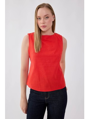 Vitrin Omuzu Düğmeli Viskon Keten Bluz