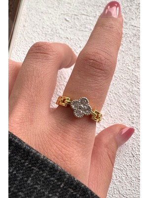 Leo'Stone V.ı.p Çift Renk Seri Zirkon Taşlı Lucky Bloom Zirkon Taşlı Yonca Tasarım Ayarlanabilir Çelik Yüzük