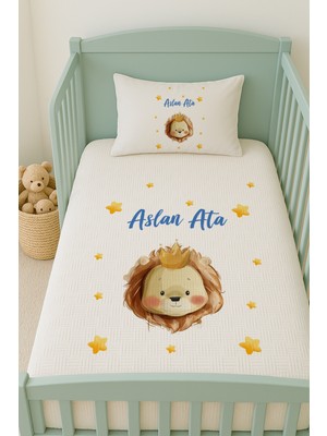 Lilabio %100 Pamuk Isme Özel Isimli 100X150 cm Pike Seti Sevimli Aslan Kafası