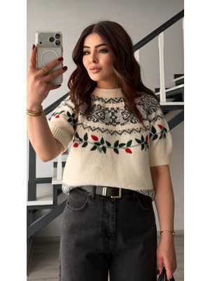 Elisin Krem-Antrasit Nakışlı Kısa Kol Kazak