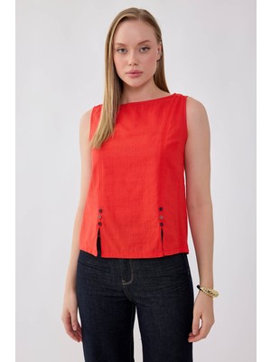 Vitrin Sıfır Kol Düğmeli Keten Bluz