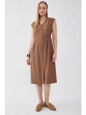 Vitrin Düğmeli V Yaka Elbise