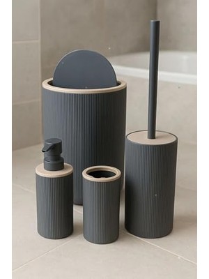 Aesco Quardi Banyo Seti Modern Çizgili - 7 Litre Kova 4 Parça Banyo Çöp Kovası Seti (Gri)