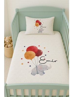 Lilabio %100 Pamuk Isme Özel Isimli 100X150 cm Pike Seti Renkli Balonlu Fil