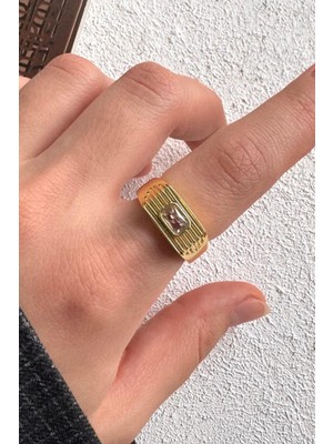 Leo'Stone Gold Baget Zirkon Taşlı Geniş Bant Altın Kaplama Ayarlanabilir Kadın Serçe Parmak Yüzük