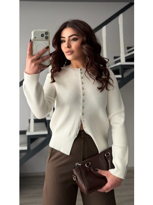 Elisin Ekru Silver Düğme Detaylı Triko Hırka