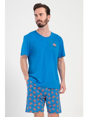 Vienetta Erkek Sax Şortlu Pijama Takımı Kısa Kol %100 Pamuk Desenli Pijama Takımı C8T8N0904