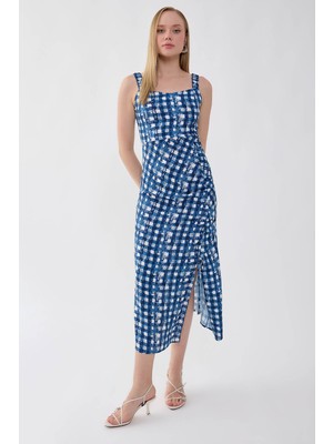 Vitrin Desenli Önü Büzgülü Elbise