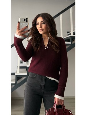 Elisin Bordo-Ekru Çift Yaka Triko Kazak