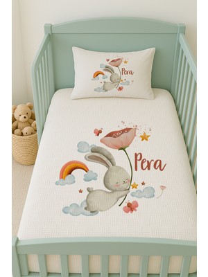 Lilabio %100 Pamuk Isme Özel Isimli 100X150 cm Pike Seti Lale Tutan Tavşan