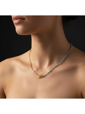 Doğal Apatit Taşlı Gümüş Kolye - Zarif 925 Ayar Gümüş & Altın Kaplamalı Ataş Zincir - Akdeniz Mavisi Doğal Taş Takı - Her Anınız Için