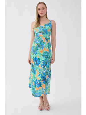 Vitrin Çiçek Desen Önü Büzgülü Elbise