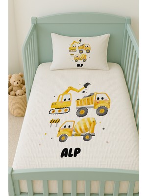 Lilabio %100 Pamuk Isme Özel Isimli 100X150 cm Pike Seti Sarı Kamyonlar