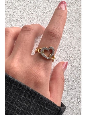 Leo'Stone V.ı.p Çift Renk Seri Zirkon Taşlı Kalp Tasarım Zincir Detay Gold Ayarlanabilir Kadın Çelik Yüzük