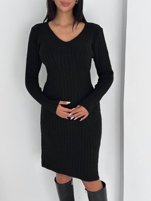 Abba1 Yumuşak Dokulu Fitilli V Yaka Triko Elbise