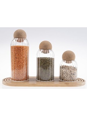 Aesco Mantar Top Kapaklı | 3'lü Bambu Fitilli Cam Kavanoz | Estetik Bakliyat & Makarna Saklama Kabı | Cam Dekoratif Mutfak Düzenleyici