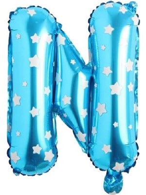 Aesco N Harfi 16 Inç Mavi Yıldızlı Renk Folyo Balon 36 cm (Mavi)