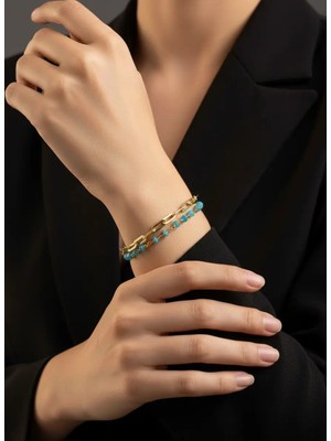 Doğal Apatit Taşlı Gümüş Bileklik- Zarif 925 Ayar Gümüş & Altın Kaplamalı Ataş Zincir - Akdeniz Mavisi Doğal Taş Takı - Her Anınız Için