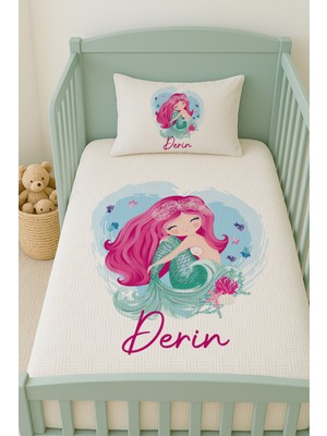 Lilabio %100 Pamuk Isme Özel Isimli 100X150 cm Pike Seti Mor Saçlı Denizkızı