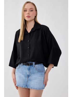 Vitrin Düşük Omuz Krinkıl Kumaş Crop Gömlek