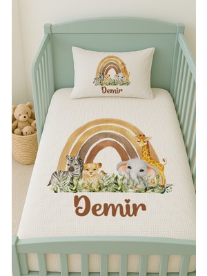 Lilabio %100 Pamuk Isme Özel Isimli 100X150 cm Pike Seti Gökkuşağı Safari