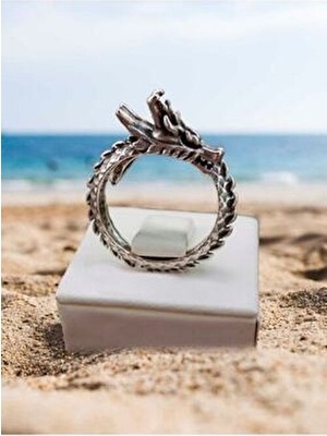 The Collection Antik Gümüş Kaplama Ejderha Model Ayarlanabilir Yüzük