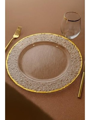 Aesco Altın Detaylı Yuvarlak Cam Supla – 33 cm Servis ve Dekor Tabağı