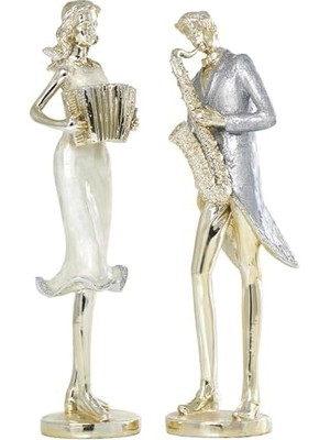 Aesco Deco 79 Reçine Müzisyen Dekoratif Heykel Akordeon ve Saksafonlu Ev Dekoru Heykelleri, 2'li Vurgu Figürin Seti 4 "g, 14" H, Altın