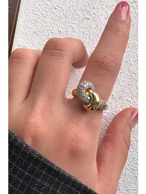 Leo'Stone V.ı.p Çift Renk Seri Love Bond Düğüm Tasarım Zirkon Taşlı Ayarlanabilir Çelik Yüzük