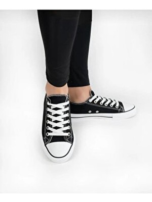 Homiro Bağcıklı Kısa Keten Ayakkabı Siyah Düz Taban Tekstil Malzeme ile Rahat Kullanım